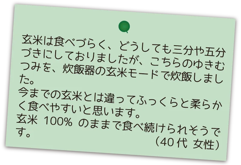玄米は食べづらく、どうしても三分や五分づきにしておりましたが、こちらのゆきむつみを、炊飯器の玄米モードで炊飯しました。今までの玄米とは違ってふっくらと柔らかく食べやすいと思います。玄米100%のままで食べ続けられそうです。
